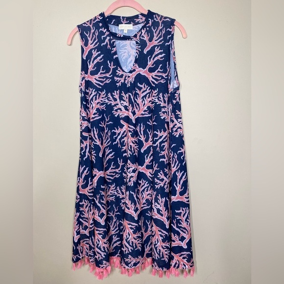 Simply Southern Other - Simply Southern Navy and Pink Coral Print Dress with Tassel Detail M